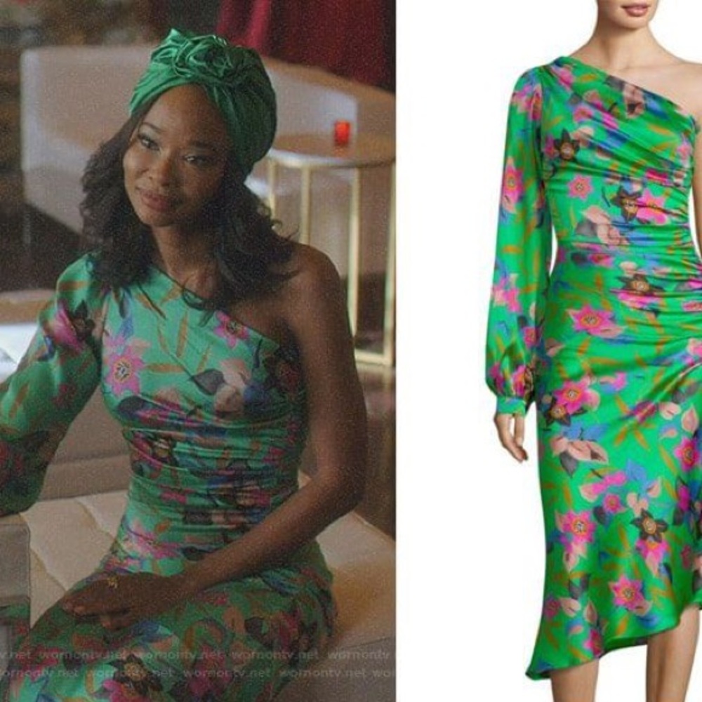 Used ETRO 
Women's Green One-sleeve Shirred Floral-print Hammered Silk Midi